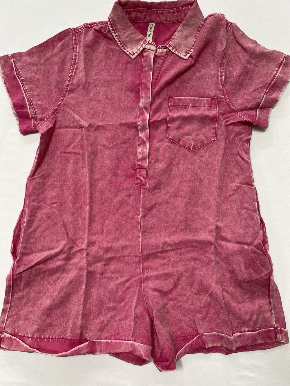Zenana Pink Acid Wash Tencel Button Front Romper Medium Utility Summer